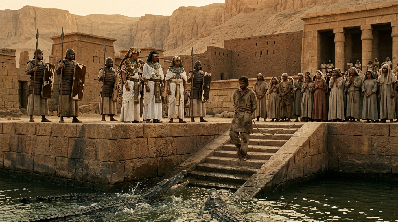 Crocodile Execution: The Ultimate Fate of Tomb Robbers - Apocalypto (2006) style cinematic historical scene