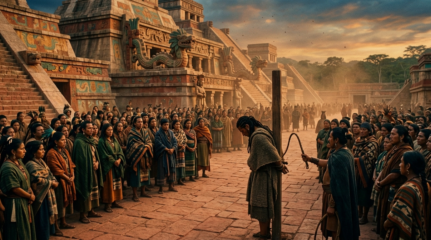 Temple Court Flogging: Public Humiliation Before the Gods - Apocalypto (2006) style cinematic historical scene