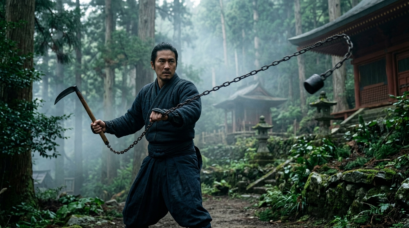 Kusarigama - Chain and Sickle - Shogun (2024) style cinematic historical scene