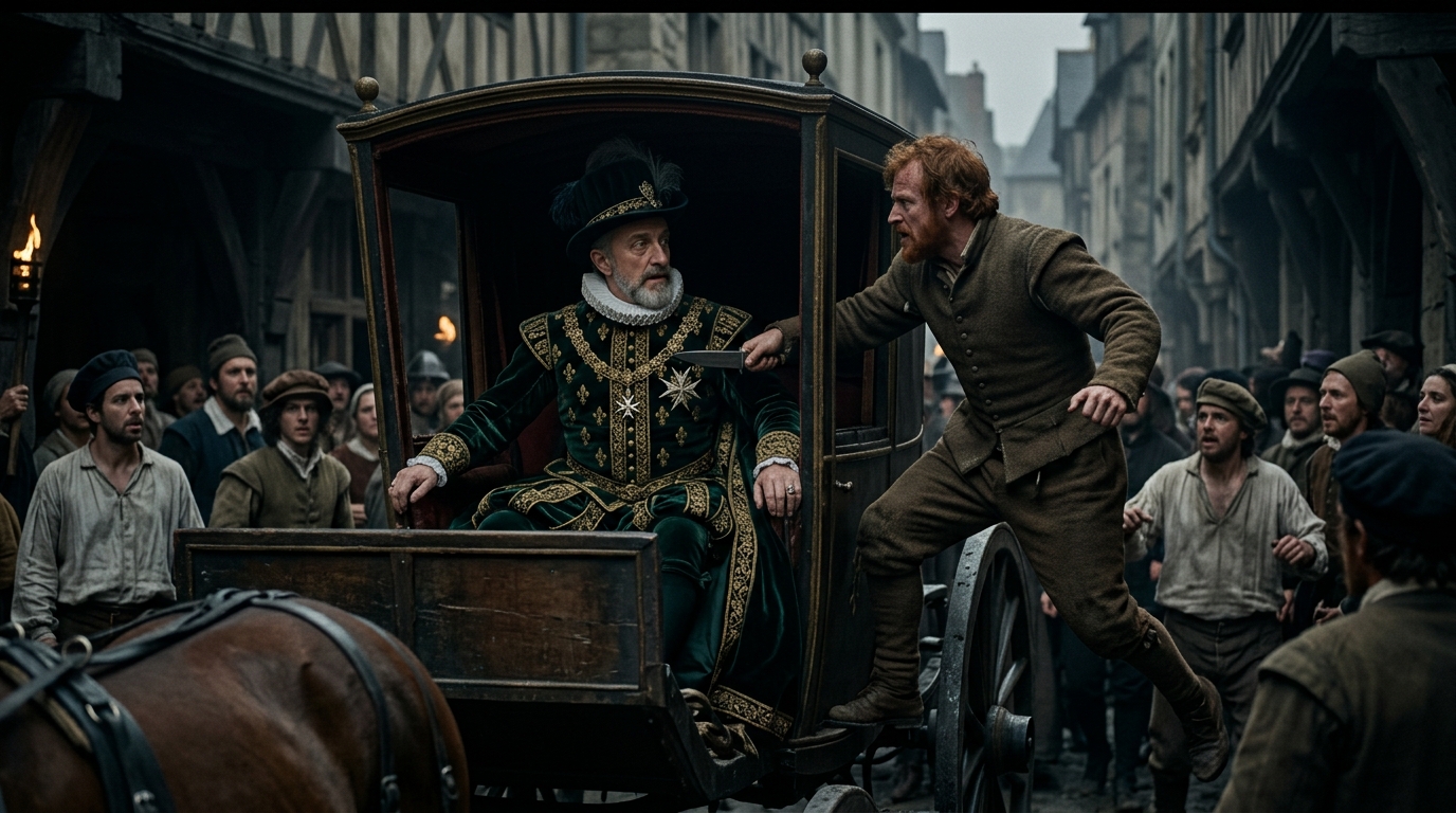 Henry IV of France: Stabbed Three Times by a Religious Fanatic - Napoleon (2023), The Crown style cinematic historical scene