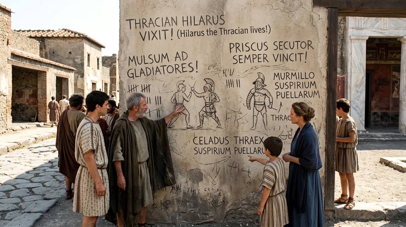 Pompeii's Preserved Graffiti Reveals Ancient Fan Culture and Gladiator Rivalries - HBO Rome (2005-2007) style cinematic hi...